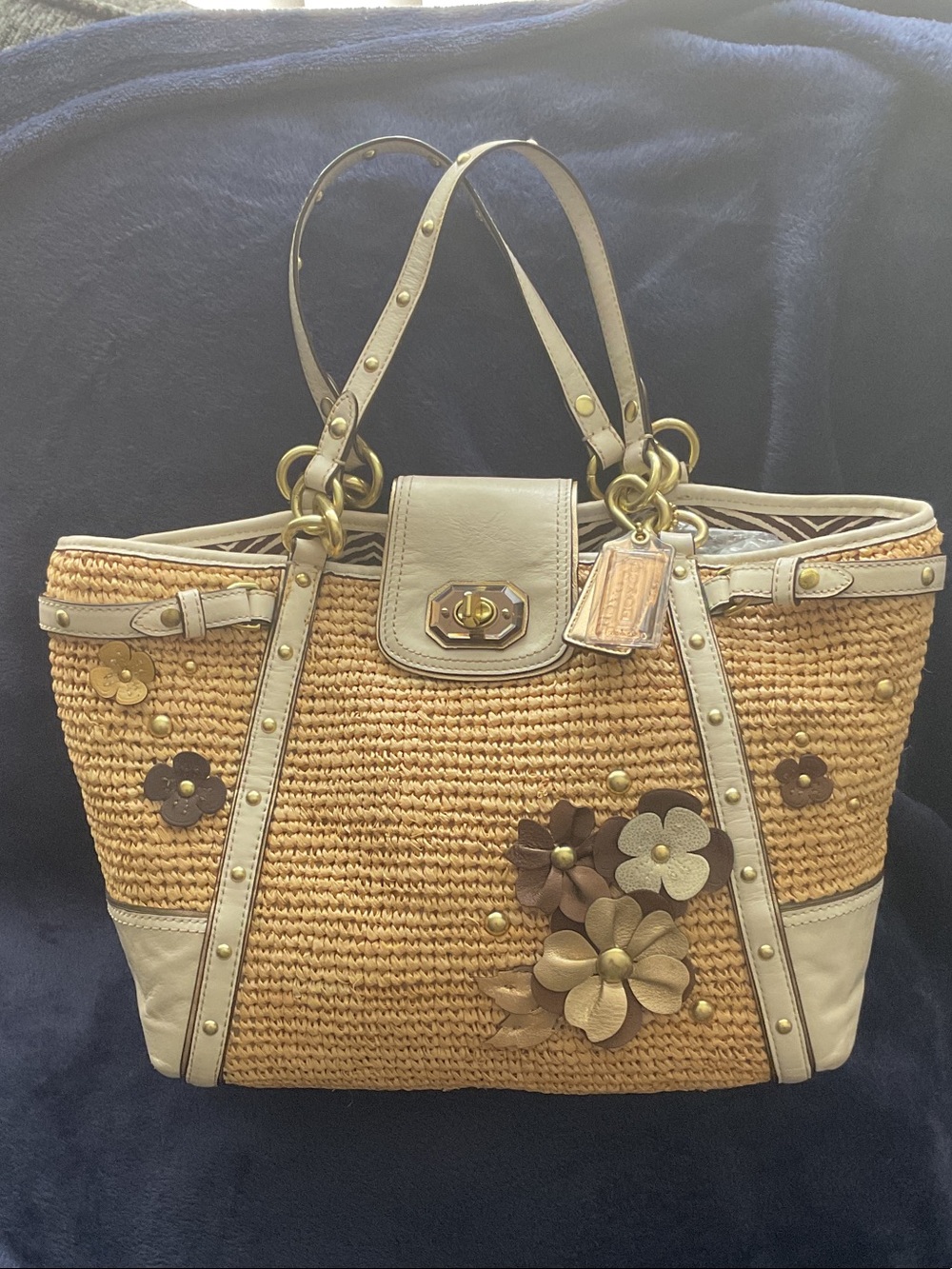 Coach Straw Tote with Cream Trim and Floral Appliqués